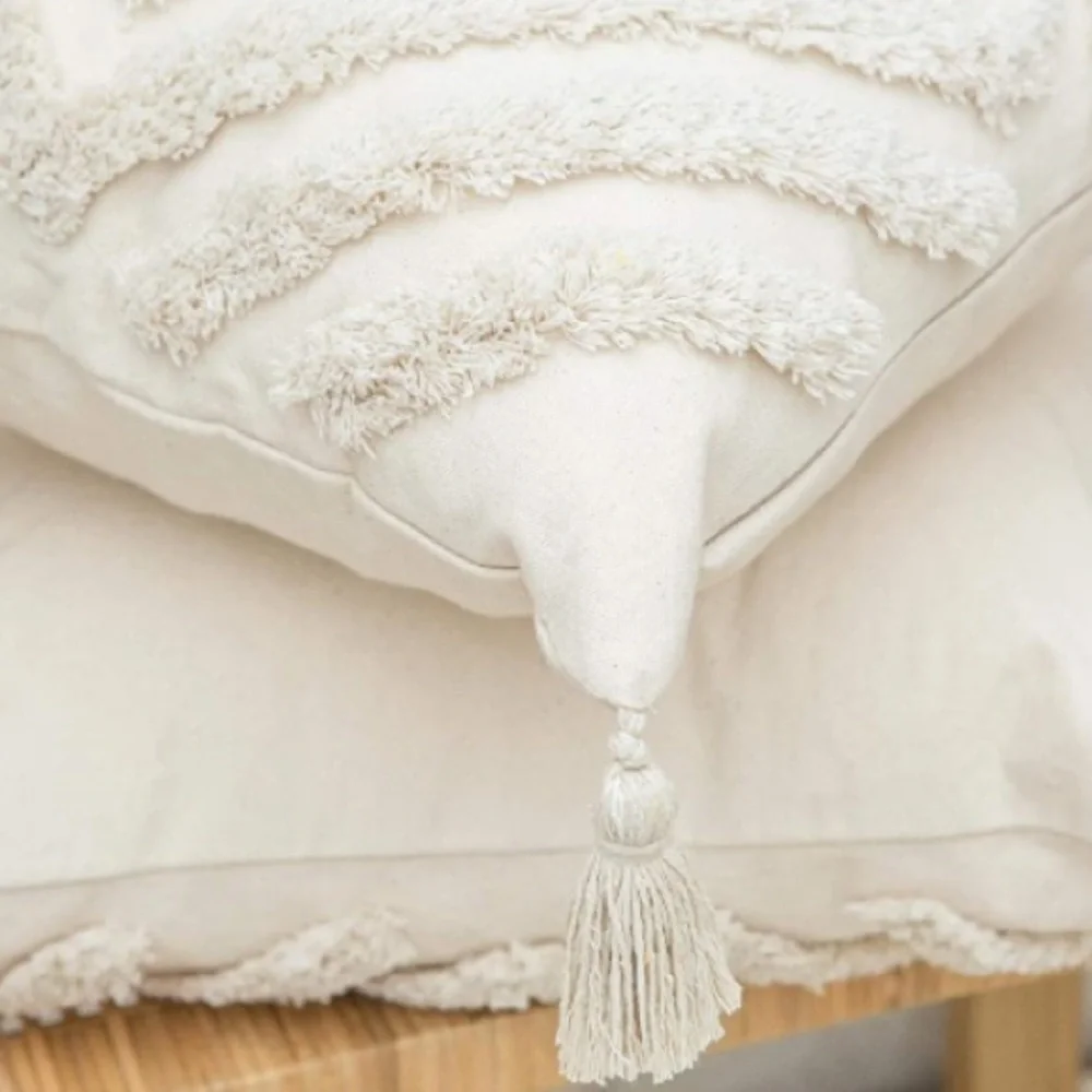 Luxury Home | Ivory Boho Moroccan Tufted Tassel Corner Lumbar Throw Pillow Cover